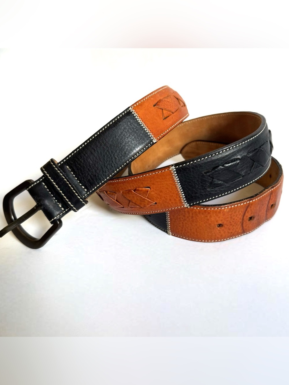 Dooney & Bourke Black Brown Leather Belt Italy Patchwork Woven Colorblock L